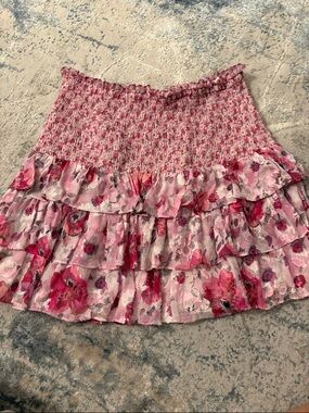 LoveShackFancy Pink Floral Tiered Smocked Mini Skirt